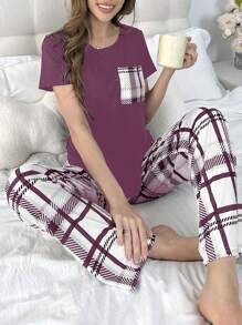 Plaid Short Sleeve Pajama Set For Women - Purple - View 3