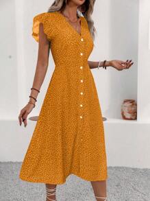 Breezaya 女士圆点印花纽扣连衣裙 - 黃色 - 查看 3