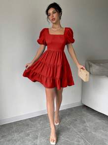 RosyDaze Vestido nuevo 2025 de verano con cuello halter, mangas abullonadas, espalda descubierta, lazo y dobladillo con volantes en color rojo, para uso en conciertos, playa, vacaciones y ocio