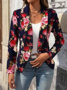 SHEIN Clasi Women's Spring Autumn Floral Print Lapel Long Sleeve Elegant Blazer Jacket - Navy Blue - View 3