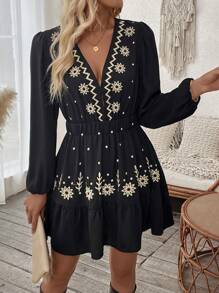 Breezaya Women's Embroidered Decor Deep V-Neck Long Sleeve Dress Fall Cloth For Women - Black - View 3