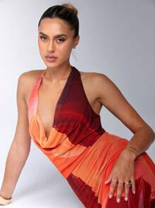 SHEIN BAE Váy Maxi hở lưng nhuộm loang cổ sâu cho nữ, mùa hè - Màu Đỏ Sâu - Xem 3
