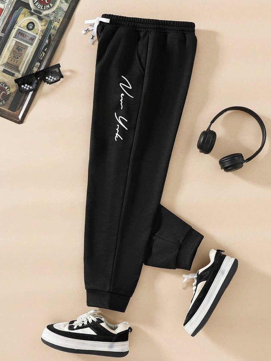 Tween Boy All-Match Versatile Casual Letter Print Jogger Sweatpants - Black - View 1