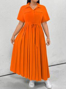 Flirla 大码前扣短袖褶皱连衣裙，休闲日常穿着 - 橘色 - 查看 7