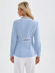 TaskEZ Striped Design Long Sleeve Fitted Healthcare Uniform Scrub Top With ID Badge Holder - Blue and White - View 2