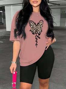 BamGleam 女士蝴蝶与英文字母印花短袖 T 恤图案 T 恤女士上衣 - 粉色 - 查看 4