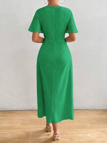 Chiquease Random Flower Pattern Solid Color Round Neck Short Sleeve Summer Casual Dress Maxi Women Outfit - Green - View 2