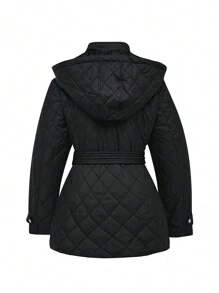 EMERY ROSE Plus Size Capuchon Rits Vest Met Knoopsluiting & Getailleerde Taille, Schuine Zakken, Zwart, Lange Mouw Gewatteerde Gewatteerde Jas, Voor Winterkleding