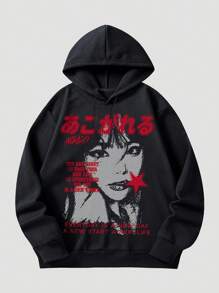 ROMWE MEN Anime 男士休闲图案与口号印花抽绳连帽羊毛运动衫，秋冬季 - 黑色 - 查看 1