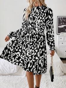SHEIN LUNE Women Casual Commuter Elegant Ruffle Collar Long Sleeve Ruffle Cuff Leopard Print Polka Dots Mid-Length Dress - Black - View 6