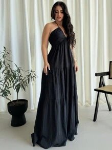 SHEIN CURVE+ 大码女式雪纺露背长款秋千连衣裙，白色，适合度假、婚礼、郊游、海滩约会波西米亚风度假