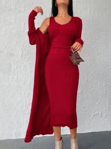 EURMUSE Vestido De Tanque De Punto Acanalado De Un Solo Color Y Conjunto De Dos Piezas De Cárdigan - Rojo - Ver 6