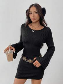 SHEIN EZwear 黑色紧身毛衣裙 - 黑色 - 查看 5