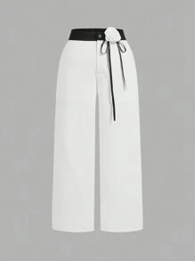 SHEIN MOD 大码黑白撞色花卉优雅办公休闲阔腿裤 - 白色 - 查看 1