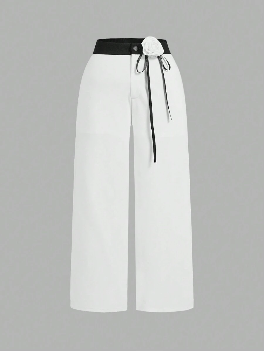 SHEIN MOD 大码黑白撞色花卉优雅办公休闲阔腿裤 - 白色 - 查看 1