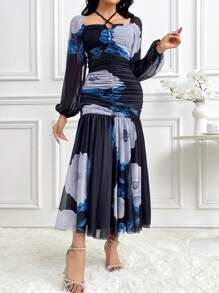 Modelyn Vestido largo de noche con mangas farol, volante y estampado floral para mujer primavera-verano - Azul - Ver 6