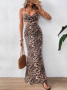 SHEIN VCAY Satin Maxi Fishtail Dress,Christmas Outfits,Party Wear,Halloween Outfits,Vacation Chiffon Leopard Print Cutout Strap Ruffle Hem Women Dress