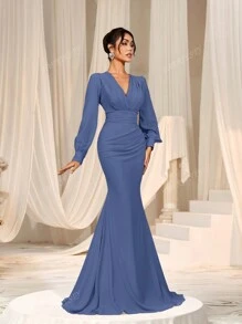 Faeriesty Elegant Cross-Over V-Neck Lantern Sleeve Mermaid Hem Dress - Sophisticated Timeless Design For Spring/Summer Weddings, Galas, Red Carpet Bridesmaid Dress