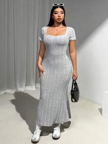 SHEIN EZwear Plus Size Women Grey Ribbed Short Sleeve Knit Dress - Grey - View 4