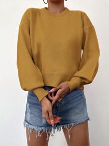 SHEIN Cottnline Suéter De Mujer Con Cuello Redondo Y Hombros Caídos - Mostaza Amarilla - Ver 3