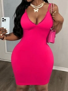 SHEIN Slayr Sexy Elegant Spaghetti Strap Fitted Rose Red Short Low-Cut Lace Trim Women's Mini Dress - Hot Pink - View 8
