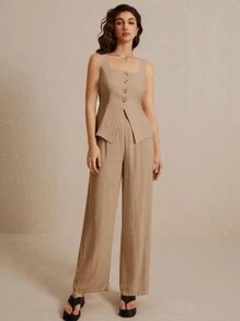 Poéselle Bộ đồ vest vải lanh màu mùa hè hai mảnh dành cho nữ "Bộ đồ liền thân không tay màu trơn thời trang có nút màu tương phản, vải mềm thoáng khí, thích hợp mặc đi làm hàng ngày, mặc ngày lễ - Lạc đà - Xem 4