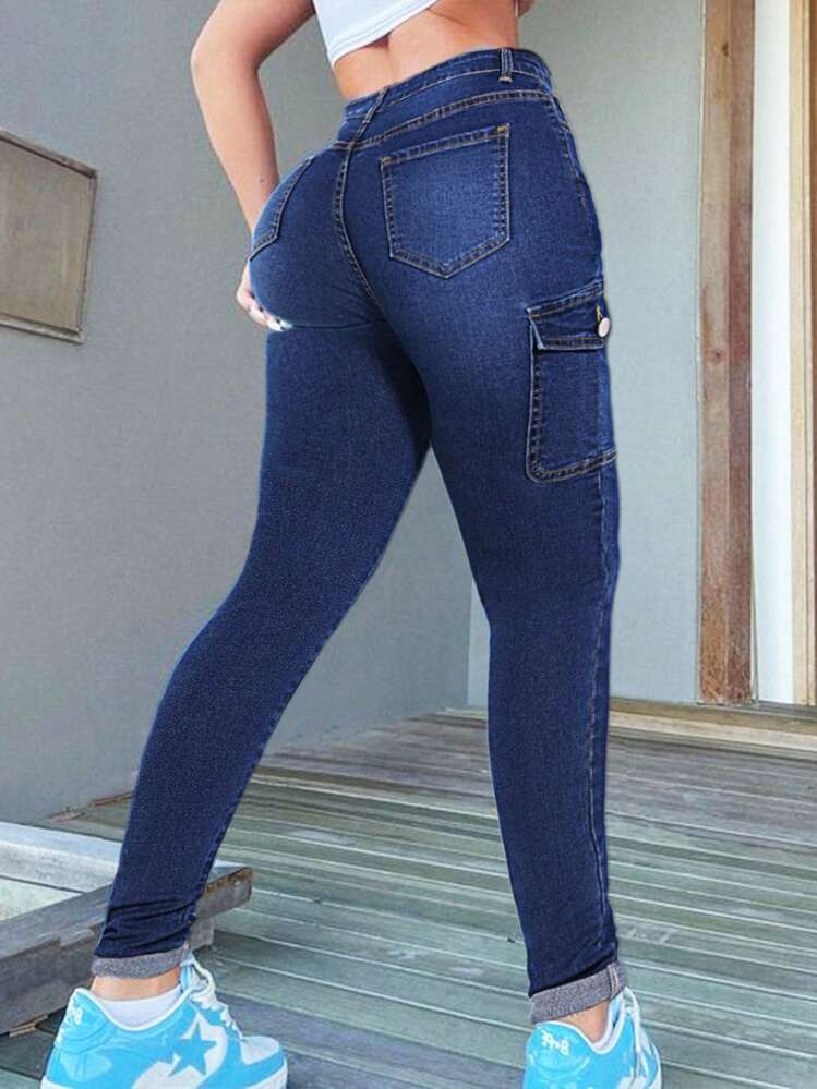 Women's Front Button Roll-Up Hem Multi-Pocket Casual Jeans - Dark Wash - View 4