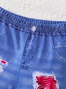 SHEIN 2pcs/Set Baby Girl Fashion Minimalist Puff Sleeve Sweatshirt With Letter Slogan Print And Denim Effect Printed Pants, Outfit For Autumn