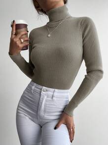 Cloudara Solid Rib Knit High Neck Jumper - Khaki - View 3
