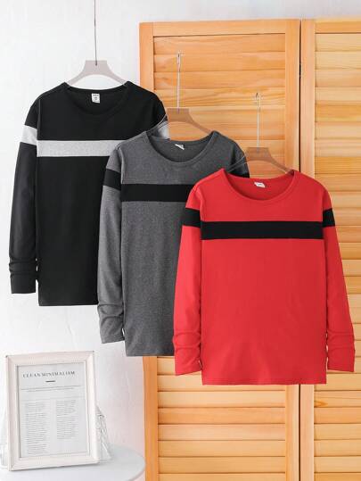 3 件套青少年男孩基本款休闲拼色 T 恤