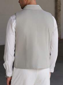 Manfinity Mode 男士翻领无袖纽扣设计休闲商务正装背心 - 卡其色 - 查看 2