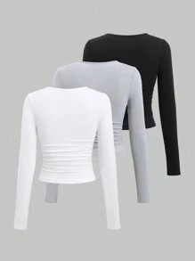 SHEIN Unity 3 chiếc áo thun tay dài nhún eo ôm vừa vặn - Nhiều màu - Xem 2