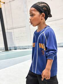 SHEIN 年轻男孩时尚运动滑板棒球篮球复古字母印花休闲圆领运动衫