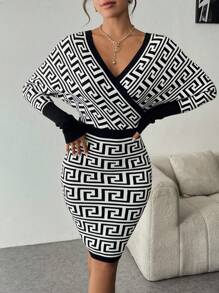 SHEIN Clasi Women V-Neck Long Sleeve All-Over Print Fitted Elegant & Charming Jacquard Sweater Dress - Black and White - View 3
