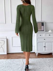 SHEIN Clasi Casual Solid Color Hollow-Out Bell Sleeve Sweater Dress, Fall/Spring - Green - View 2