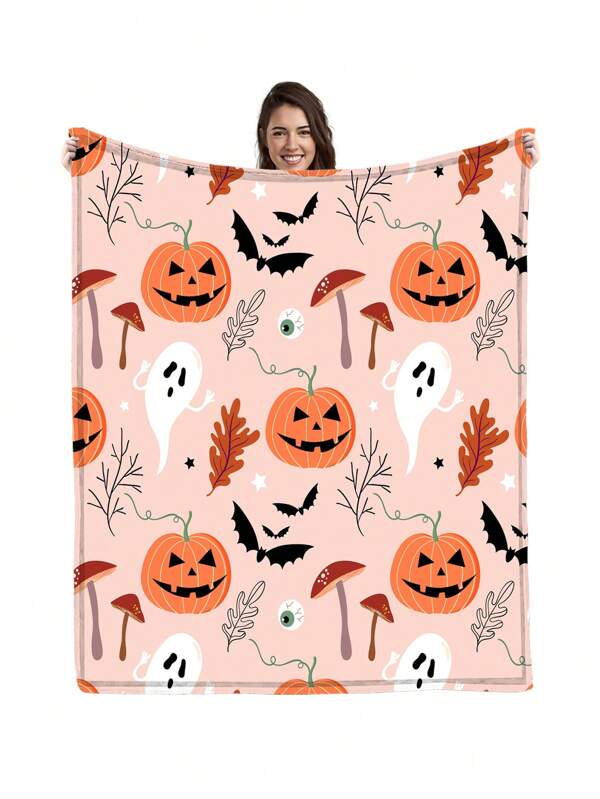 1 pieza Manta de franela con calabaza de Halloween y pequeño fantasma / Manta suave y cálida para todas las temporadas / Manta cuadrada de regalo / Decoración de otoño para el hogar / Decoración de otoño para el hogar / Manta para cama, silla, coche y sofá