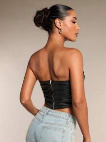 SHEIN BAE 女士秋冬黑色皮革褶皱不对称下摆抹胸紧身胸衣上衣，万圣节服装 - 黑色 - 查看 4