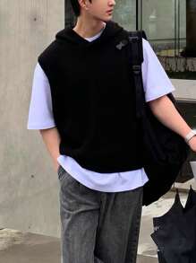Manfinity Hypemode Men's Solid Simple Hooded Knit Vest, Casual Everyday Wear