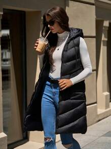 EURMUSE Petite Sleeveless Hooded Zip-Up Long Padded Coat With Pockets - Black - View 4