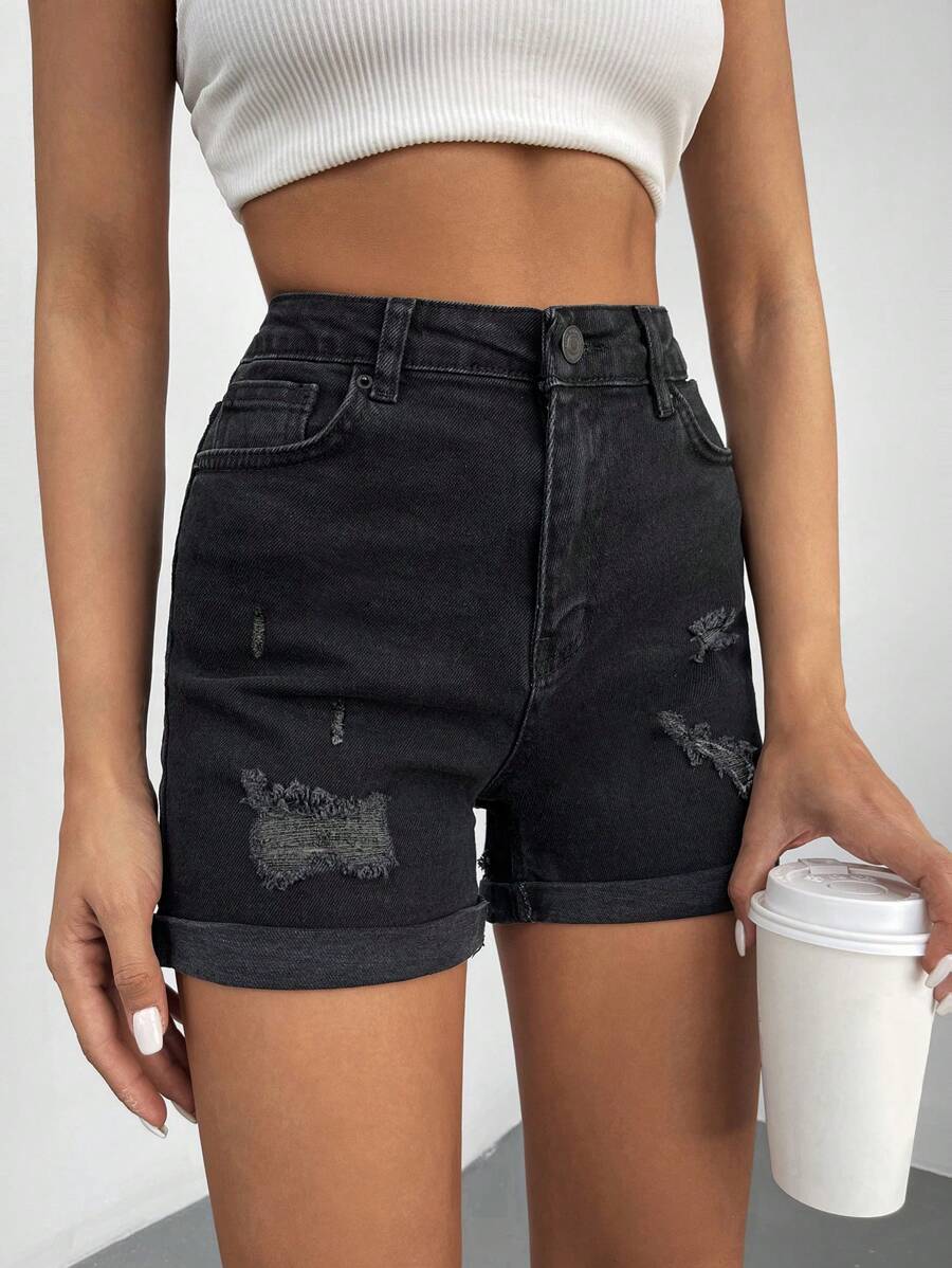 EURMUSE Ripped Roll Up Hem Denim Shorts - Black - View 1