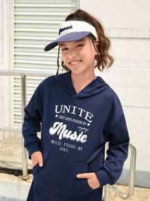 SHEIN 女童宽松连帽运动衫连衣裙，字母印花，时尚街头风格 - 藏蓝色 - 查看 3