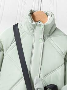 Tween Girl Korean Diamond Check Quilted Loose Padded Coat, Winter - Green - View 4