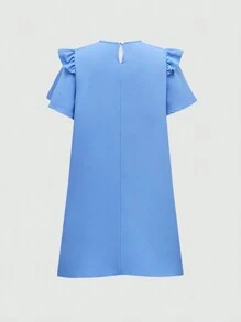SHEIN Unity Vestido de manga corta de verano con cuello redondo y ribete con volantes - Azul - Ver 2