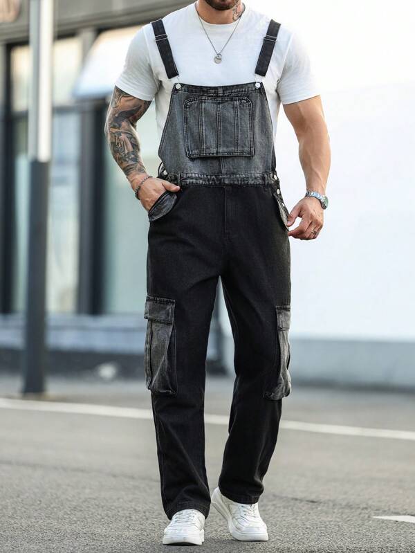 Manfinity LEGND Pantalon de bib lavé et délavé patchwork pour homme grande taille