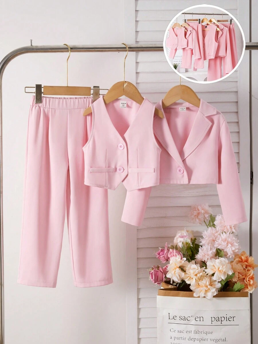 2 pièces/set Ensemble veste blazer courte rose décontractée chic et pantalon pour petites filles, tenues assorties mère-fille (vendues séparément) - Rose bonbon - Voir 1
