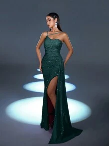 Elegant Women's Sequin Sleeveless Asymmetrical Neck Long Party Dress With Draped & Ruched Slit Thigh Details, Perfect Formal Gown - Dark Green - View 2