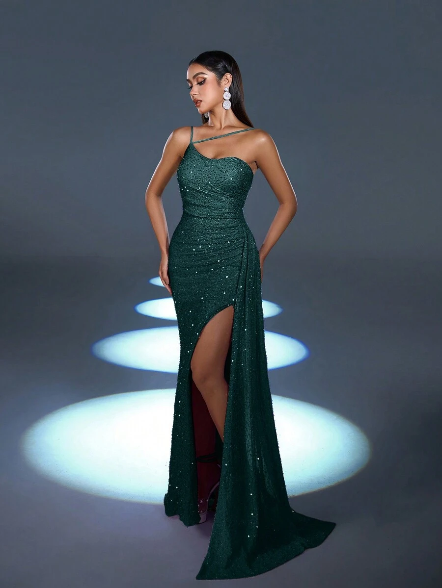 Elegant Women's Sequin Sleeveless Asymmetrical Neck Long Party Dress With Draped & Ruched Slit Thigh Details, Perfect Formal Gown