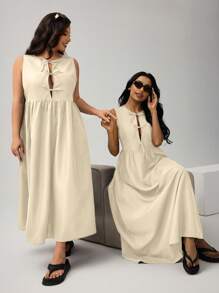 SHEIN Essnce Xuân Hè Hàng Mới Về Nơ Thắt Eo Không Tay Cơ Bản Thời Trang Đầm - Màu be - Xem 7