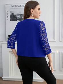 SHEIN Clasi 大码女式 3/4 袖优雅撞色蕾丝夹克，春秋 - 寶藍色 - 查看 2