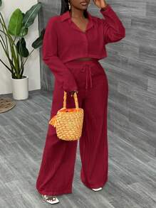 Slaydiva 2pcs Women's Casual Loose White Long Sleeve Cropped Shirt Top And Wide Leg Pants Set - Burgundy - View 3